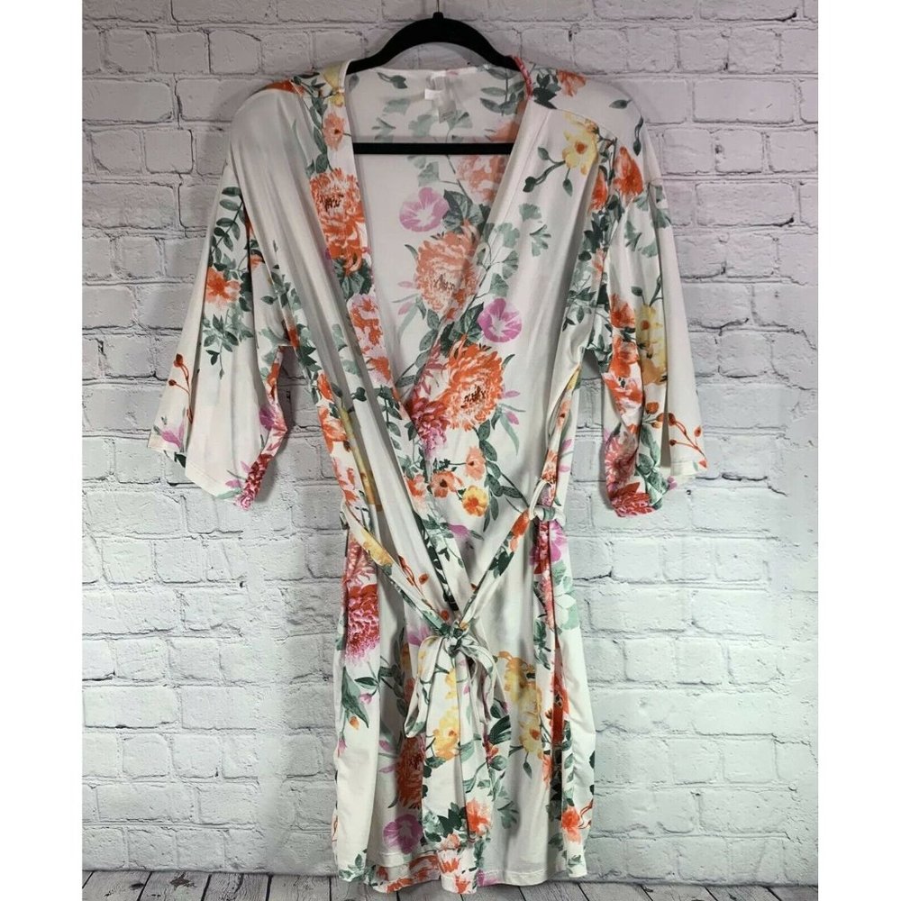 Flora By Flora Nikrooz Short Robe with Tie Ivory Floral Size S